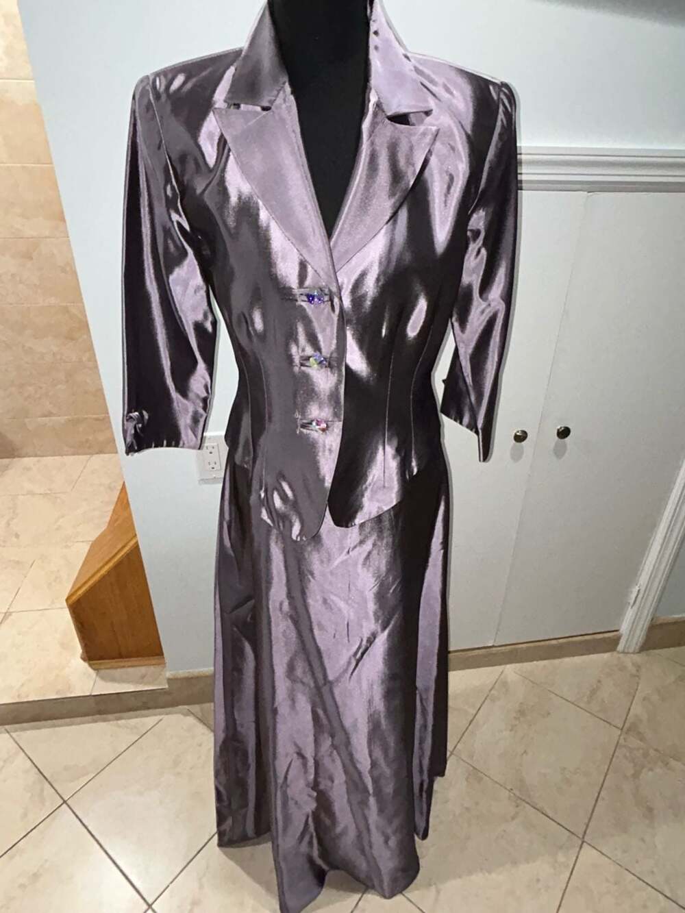 JS Collections Skirt Suit Set Size 8 Purple Satin Formal Jacket Skirt
